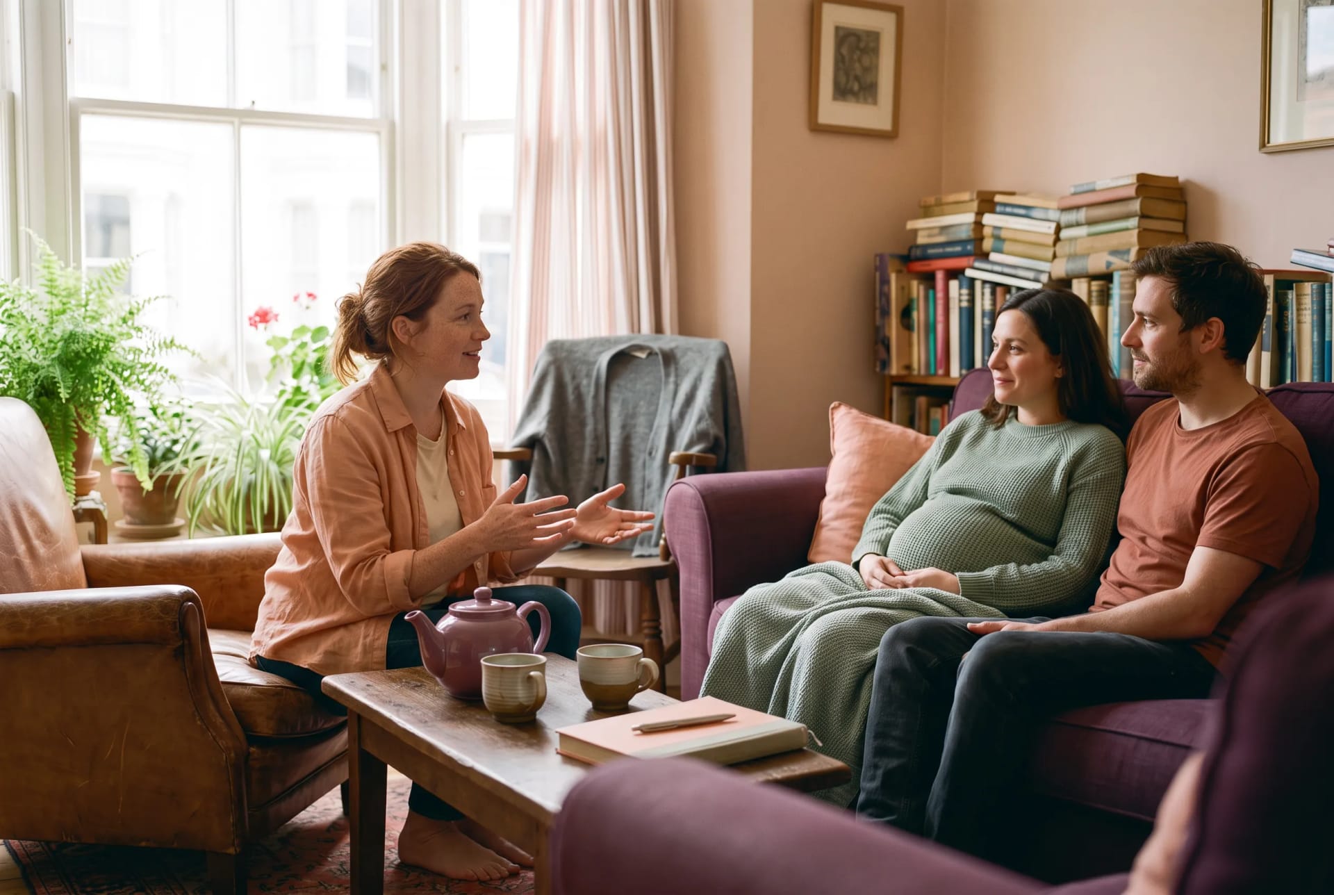 Holly Fraser talking through birth options with a client couple in their Brighton living room, photographed with their consent