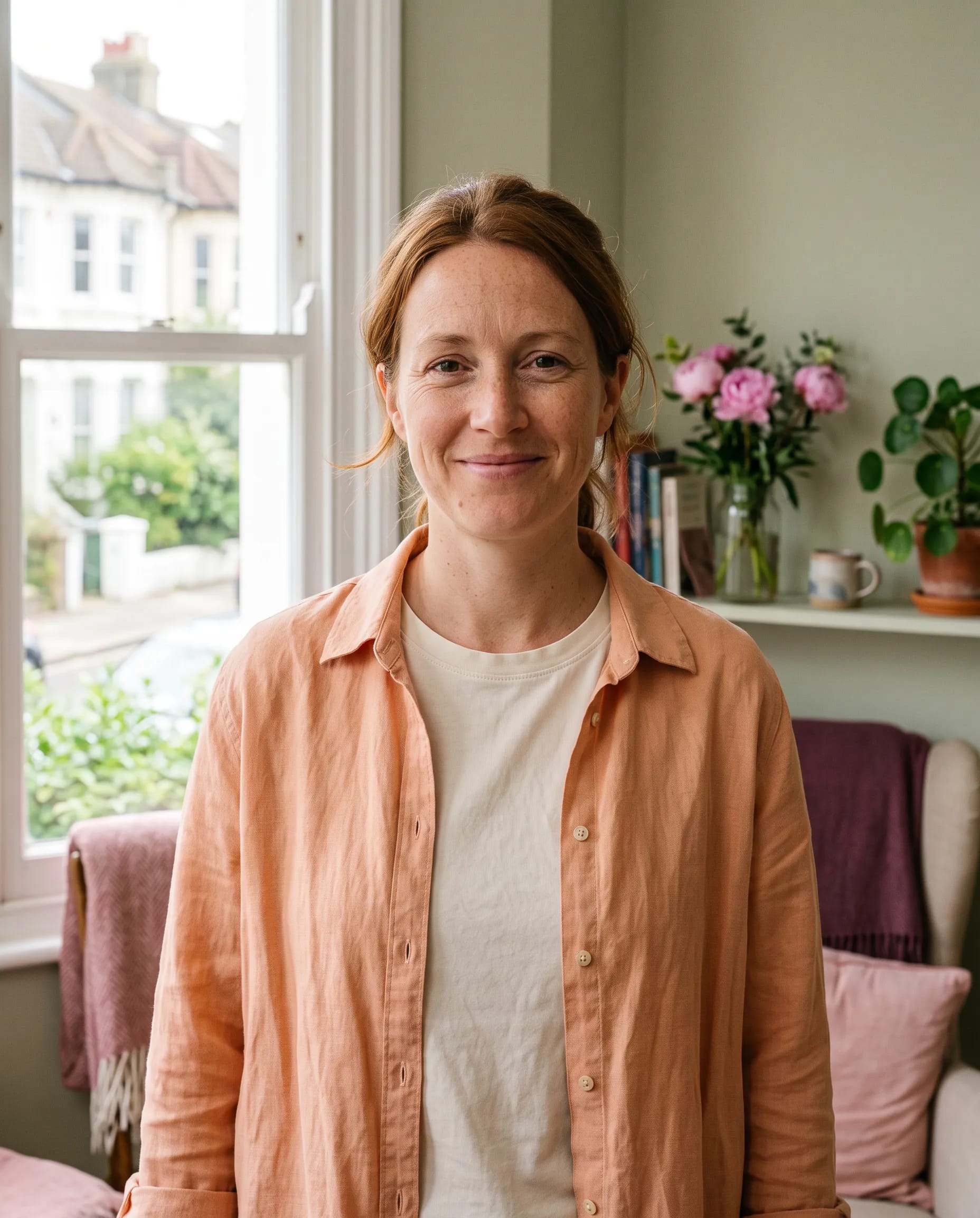 Holly Fraser, birth and postnatal doula, photographed at home in Brighton with a warm, steady smile