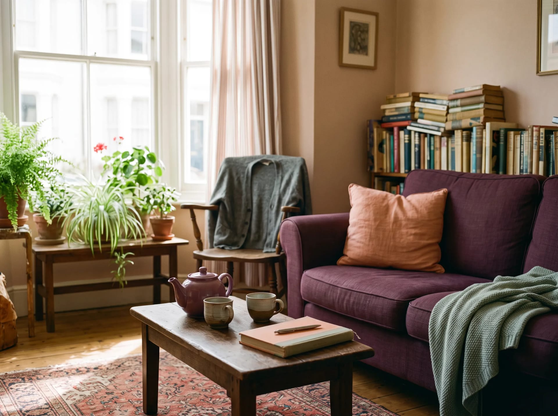 A cosy Brighton living room set up for a Peony Birth home visit, tea things and a birth-plan notebook on the low table