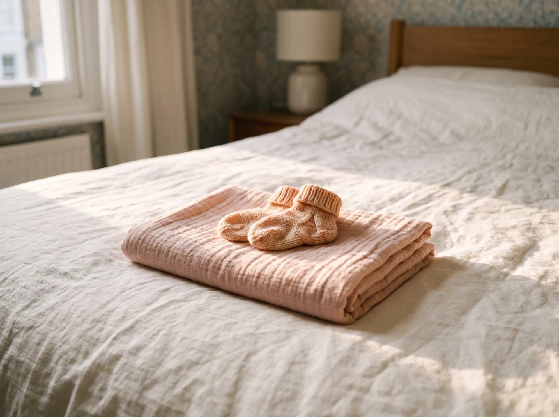 Newborn-days detail in a Brighton home: a soft folded blanket and a pair of tiny socks, baby out of frame