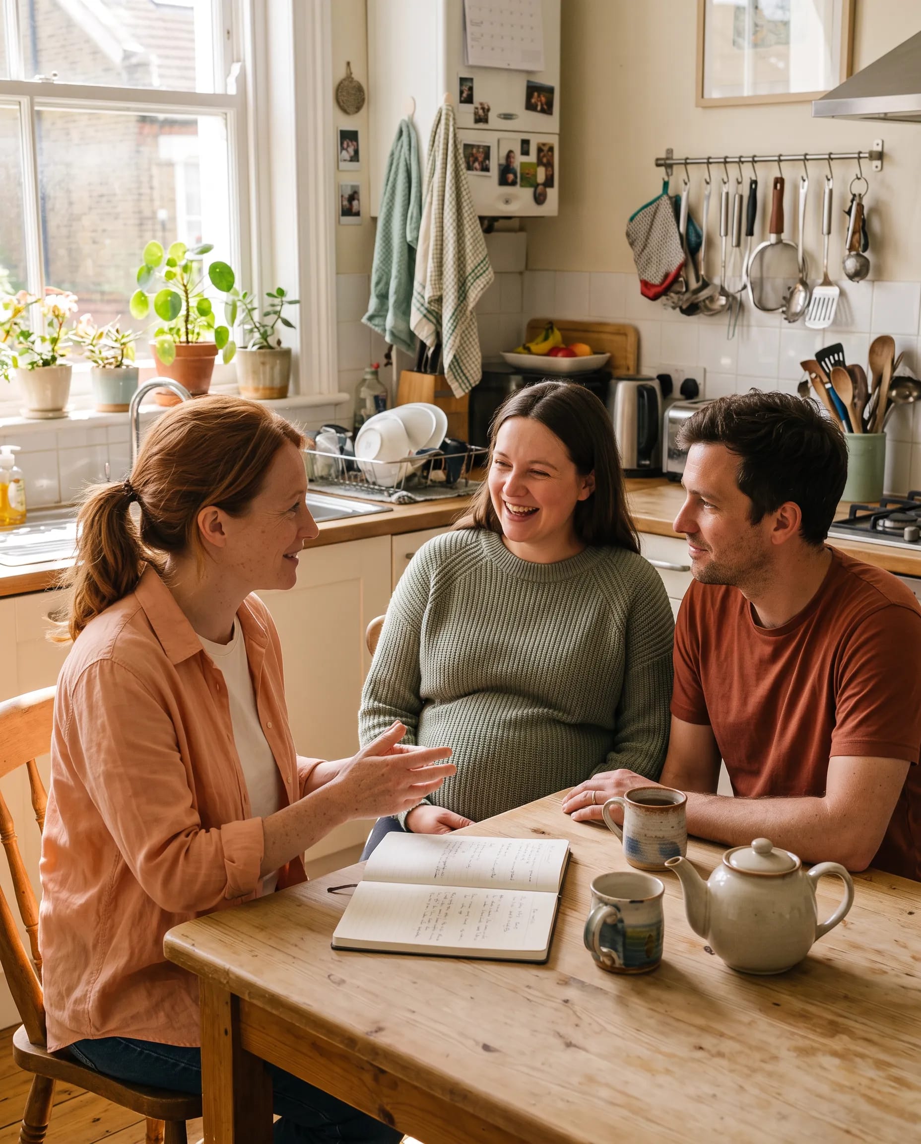 Holly Fraser, birth and postnatal doula, talking through a birth plan with an expectant couple at their kitchen table in Brighton, photographed with the couple's consent