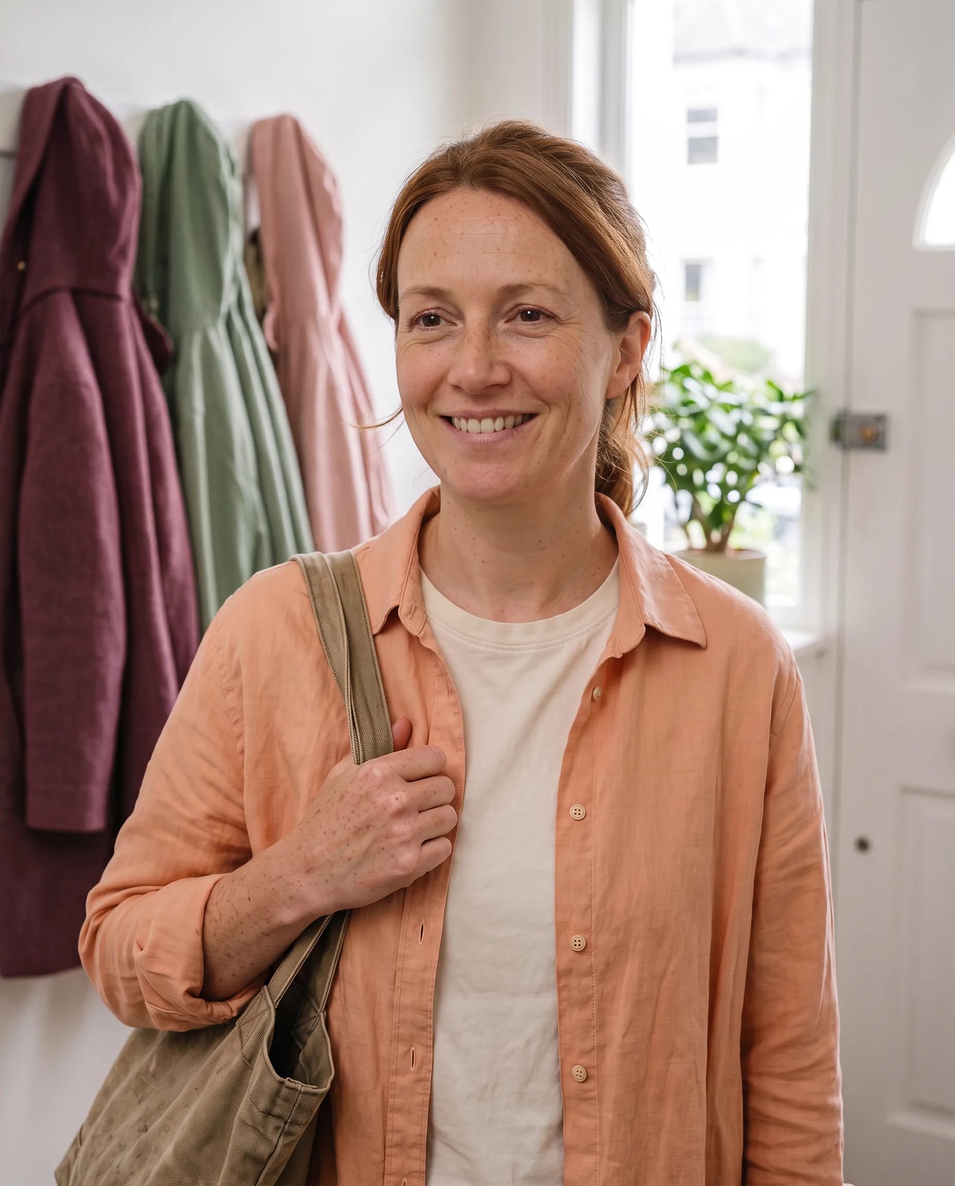 Holly Fraser, birth and postnatal doula, standing in soft window light at a Brighton home, calm and ready