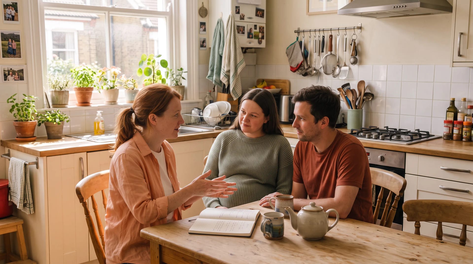 Holly Fraser and an expectant couple talking through a birth plan over tea in a Brighton kitchen, photographed with the couple's consent