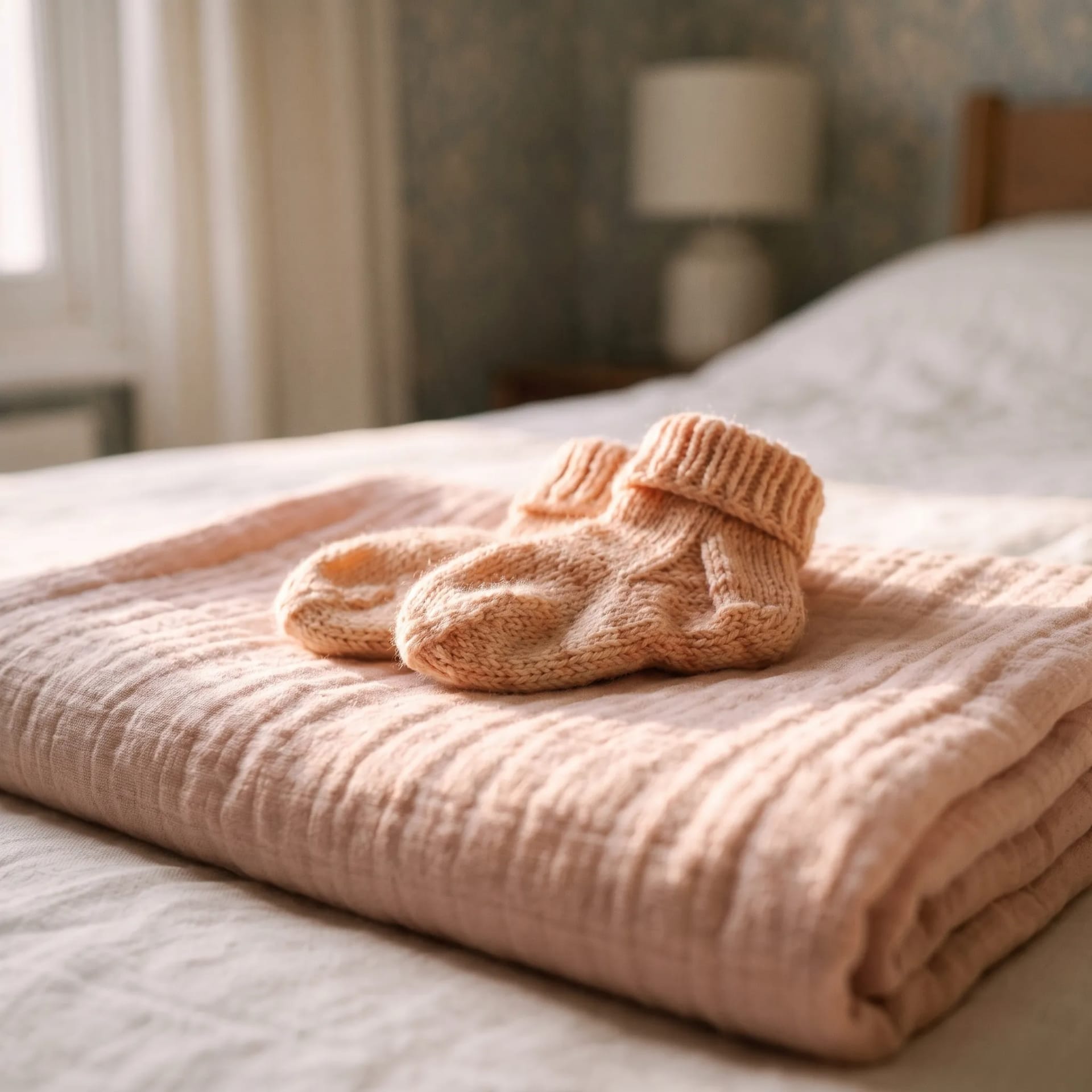 A folded newborn blanket and a pair of tiny socks on a bed in a Brighton home, baby out of frame