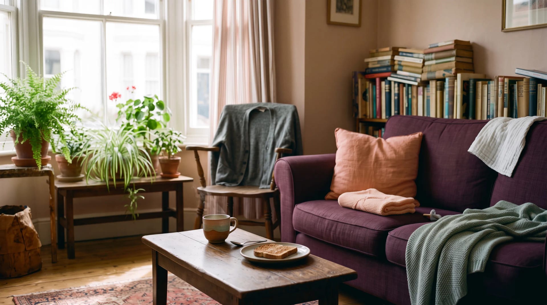 A cosy Brighton living room during a Peony Birth postnatal visit, tea and a soft blanket on the sofa, no faces in frame